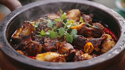 Spicy chicken stew in clay pot, steaming hot, kitchen setting, food photography for recipe blogs.