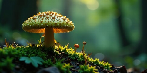 Mossy mushroom cap glowing softly in the underbrush, woodland atmosphere, mystical, mycelium