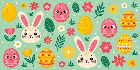 Obraz premium Whimsical Easter Illustration with Bunny, Clouds, and Decorated Eggs.
