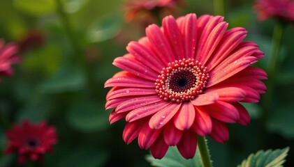 Dew-kissed gerbera petals unfolding in the garden, bloom, nature