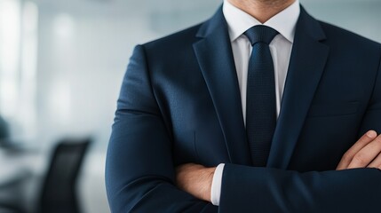 A professional man in a dark suit stands with arms crossed, exuding confidence in a modern office environment.