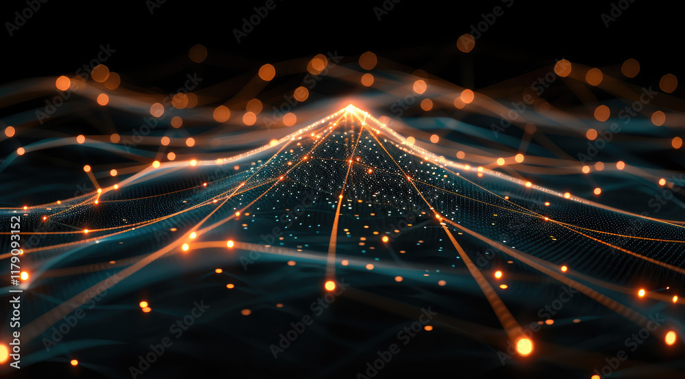 Aufkleber An abstract representation of a digital space or network. It features a multitude of glowing lines, forming a complex lattice structure that extends. The lines appear as if they are glowing neon.