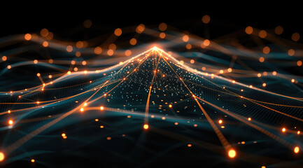 An abstract representation of a digital space or network. It features a multitude of glowing lines, forming a complex lattice structure that extends. The lines appear as if they are glowing neon.