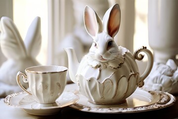 alice in wonderland white rabbit accents teacup decor and a whit