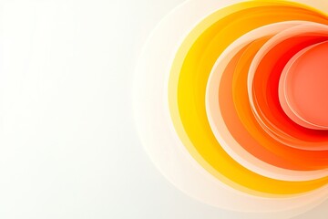 A vibrant abstract composition featuring concentric circles in shades of orange and yellow against a soft white background.