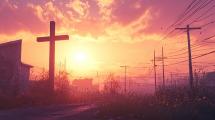 cross at sunset, ai generated