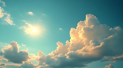 Sunny day, fluffy clouds, blue sky.