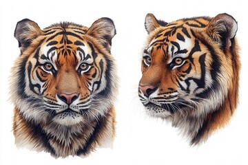 Fototapeta premium Two detailed illustrations of a tiger's head showcasing its features and expressions.