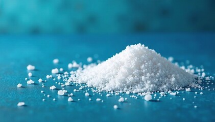 Glistening flakes of sea salt scatter on blue surface, kitchen, salt