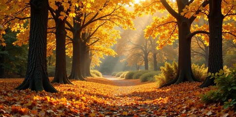 Fototapeta premium Amber hues of yellow oak leaves scattered on the forest floor, autumn, landscape, foliage
