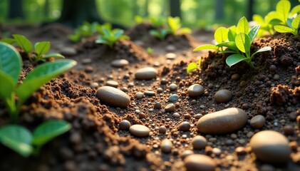 Earthy terrain with scattered pebbles and humus layer, forest floor, organic matter, ground