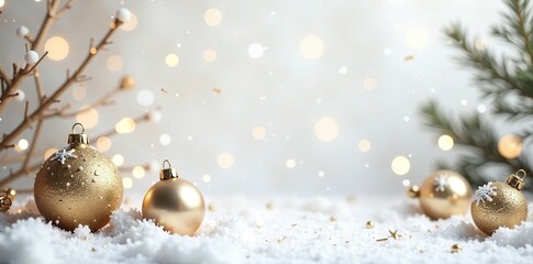 Fototapeta premium Snowflakes gently fall on a luxurious white background with golden accents and Christmas ornaments scattered around empty spaces, decoration, christmas, white