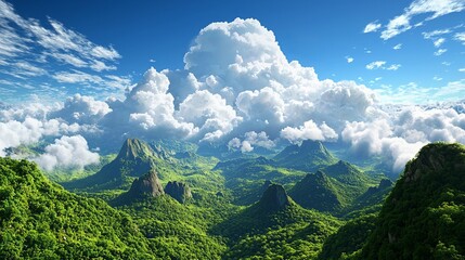 Obraz premium A breathtaking landscape featuring lush green mountains and vibrant blue skies dotted with fluffy white clouds.