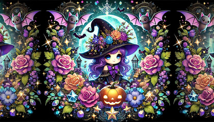Adorable Halloween witch in a floral hat surrounded by bats, pumpkins, and colorful flowers in a magical setting.