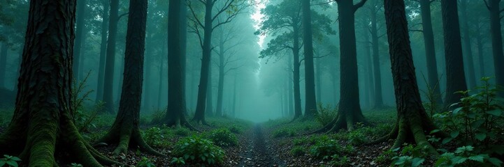 Creepy trees and overgrown shrubs in a haunted forest, eerie, haunted forest