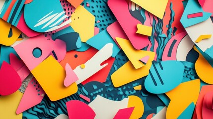 A vibrant collage of hand-cut paper shapes forming a comic-style background with dynamic energy.