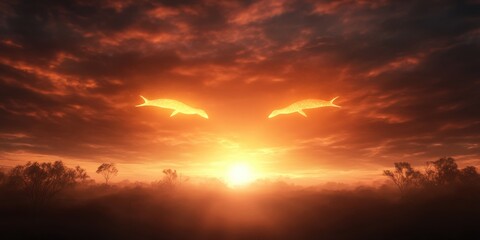 Obraz premium A dramatic sunset with fiery colors and cloud formations that create the illusion of eyes watching over the horizon.