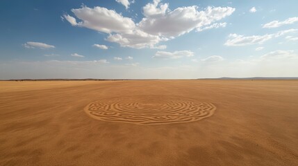 Naklejka premium A vast desert landscape features a circular pattern in the sand, under a bright sky with fluffy clouds, creating a striking contrast.