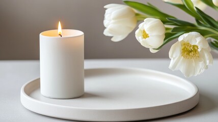 Lit candle and white tulips on round tray, creating serene ambiance