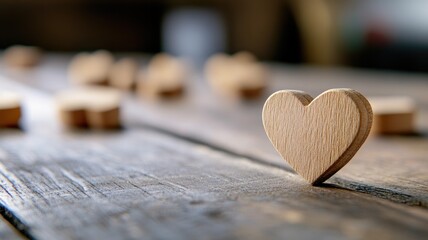 Wooden heart on rustic table with blurred background