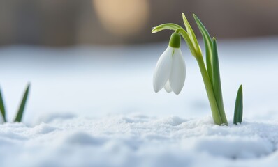 Delicate white snowdrop in winter snow