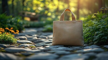 Beige Tote Bag Rests On Stone Path In Forest