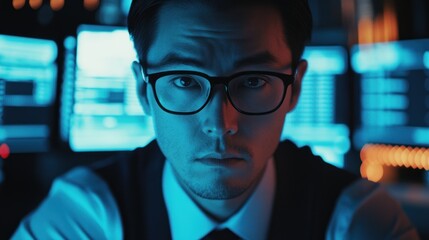 Focused Programmer, Night Shift, Blue Light, Concentrated Coder,  Intense Gaze, Data Analyst,  Digital World, Screen Glow, Cyber Security Expert