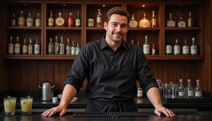 Bartender mixing cocktails in elegant bar, warm ambiance