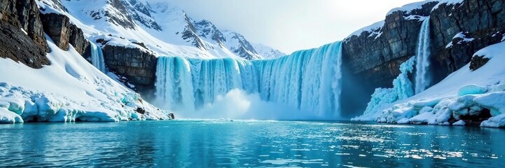 Frozen waterfall cascading into crystal-clear glacial lake, frozen, towering