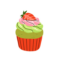 Vector set with japanese matcha desserts. Collection with mochi, matcha mille crepe cake and matcha roll cake, pancakes, macaron, soft serve ice cream, matcha tart and cupcake with strawberry.