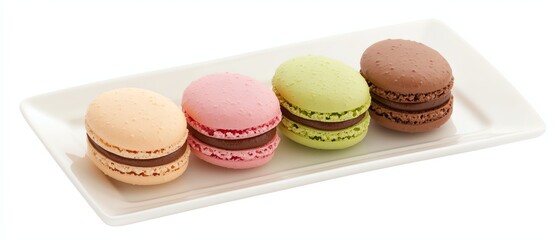 Obraz premium A delightful assortment of colorful macarons displayed on a plate, showcasing pink, green, brown, and orange hues.