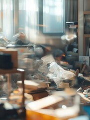 Fototapeta premium mess, disorder and interior concept - blurred photo of messy home living room with scattered stuff