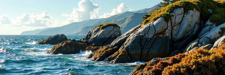 Obraz premium granite rock formation with dense green and brown seaweed growing on its surface, rocky outcrops, seaweed