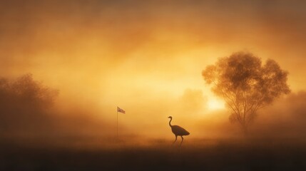 Obraz premium A serene silhouette of a crane against a misty, golden sunset, with a tree and a distant flag softly illuminated in the background.