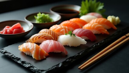 sushi platter with various types of rolls served in a Japanese restaurant
