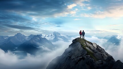 A pair of hikers standing on the edge of a rugged mountain summit gazing out over a vast ethereal landscape shrouded in mist and clouds