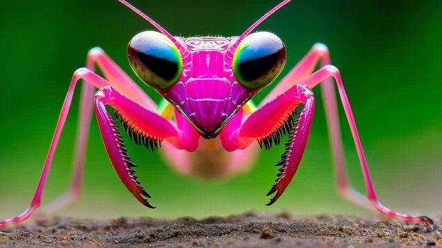 Pink bug with green eyes is standing on a green surface. The bug is very large and has a very large head