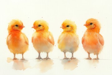 Fototapeta premium A watercolor illustration of four adorable chicks in soft hues.