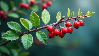 Obraz premium Evergreen honeysuckle branch with red berries Lonicera xylosteum foliage, frosty, evergreen branches, winter berries