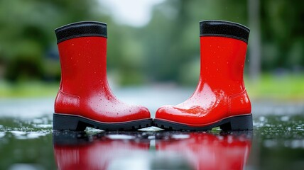 Vibrant red rain boots on wet surface, reflecting