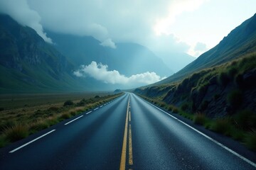 Fototapeta premium The asphalt road disappears into the misty mountainside, road, mountain, slope