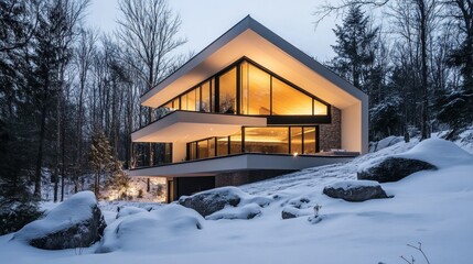 Modern glass and stone house on snowy hillside at dusk.