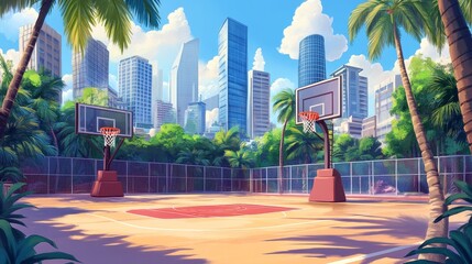 Vector cartoon background of basketball court in tropic city. Outdoor sports arena with basket for game. Street playground in town. Backdrop with green trees, palms and skyscrapers.