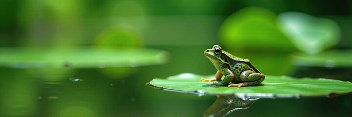 Obraz premium Serene green leaf and frog in a quiet peaceful pond environment, pond, natural, aquatic