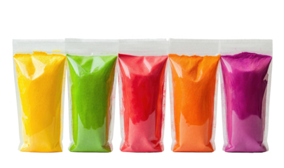 Packaged Holi colors in a row of vibrant bags