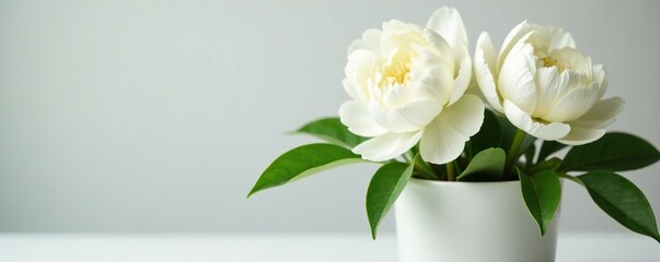 Fototapeta premium White peonies in a white ceramic pot with a trellis, delicate, petals