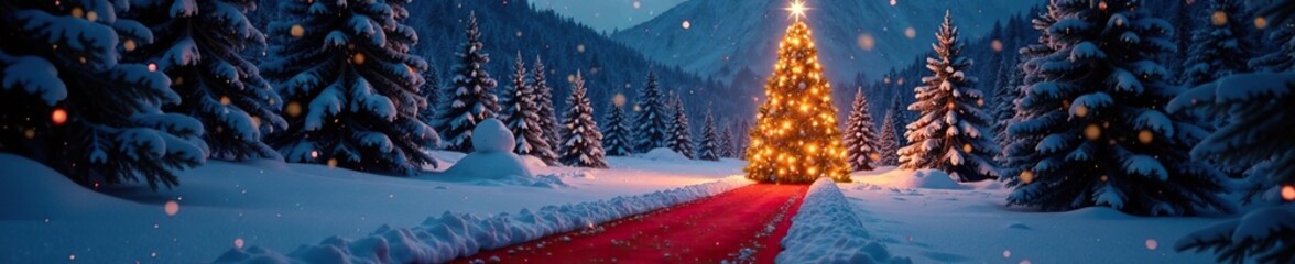 Obraz premium A red carpet flowing like a river through a winter wonderland scene, ending at a majestic Christmas tree with a sparkling star on top, glamour, festive atmosphere, christmas tree