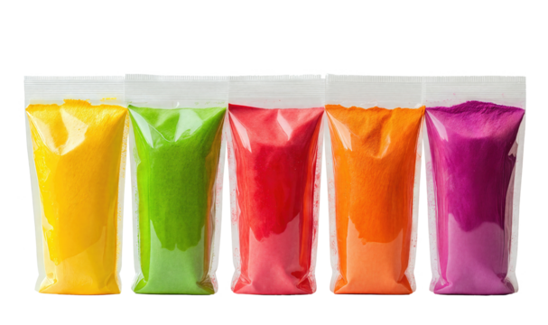 Packaged Holi colors in a row of vibrant bags
