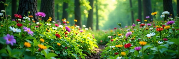 Dense thicket of wildflowers in forest clearing, greenery, forest