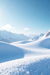Snow-covered landscape with lumpy hills and gentle snowfall, snow mounds, winter wonderland